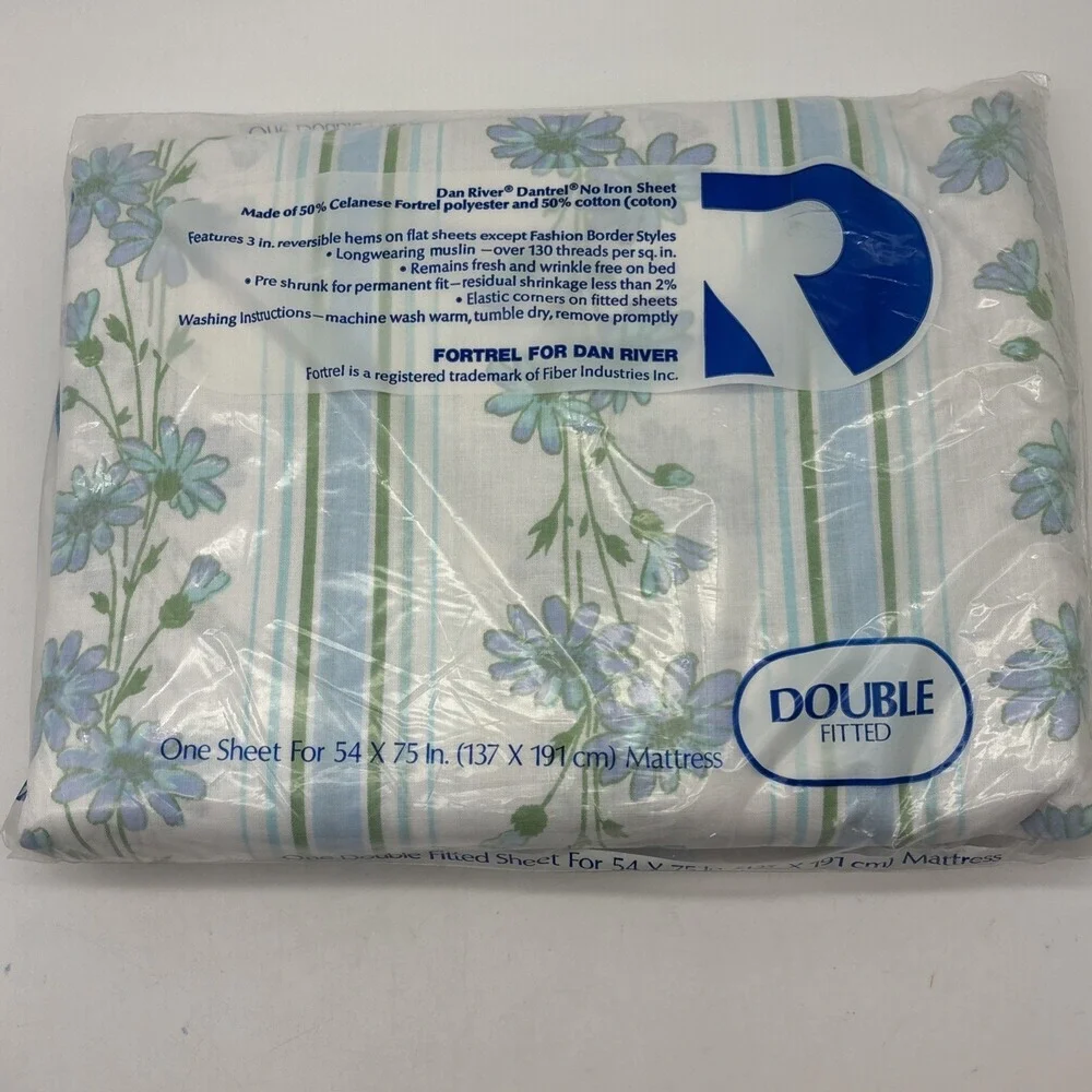 Vtg Dan River Dantrel No Iron Double Sheet Set White Blue Floral NOS